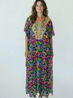 Kaftan Maxi Dress Boho Print One Size Vibrant Multicolor Butterfly Gold Accent